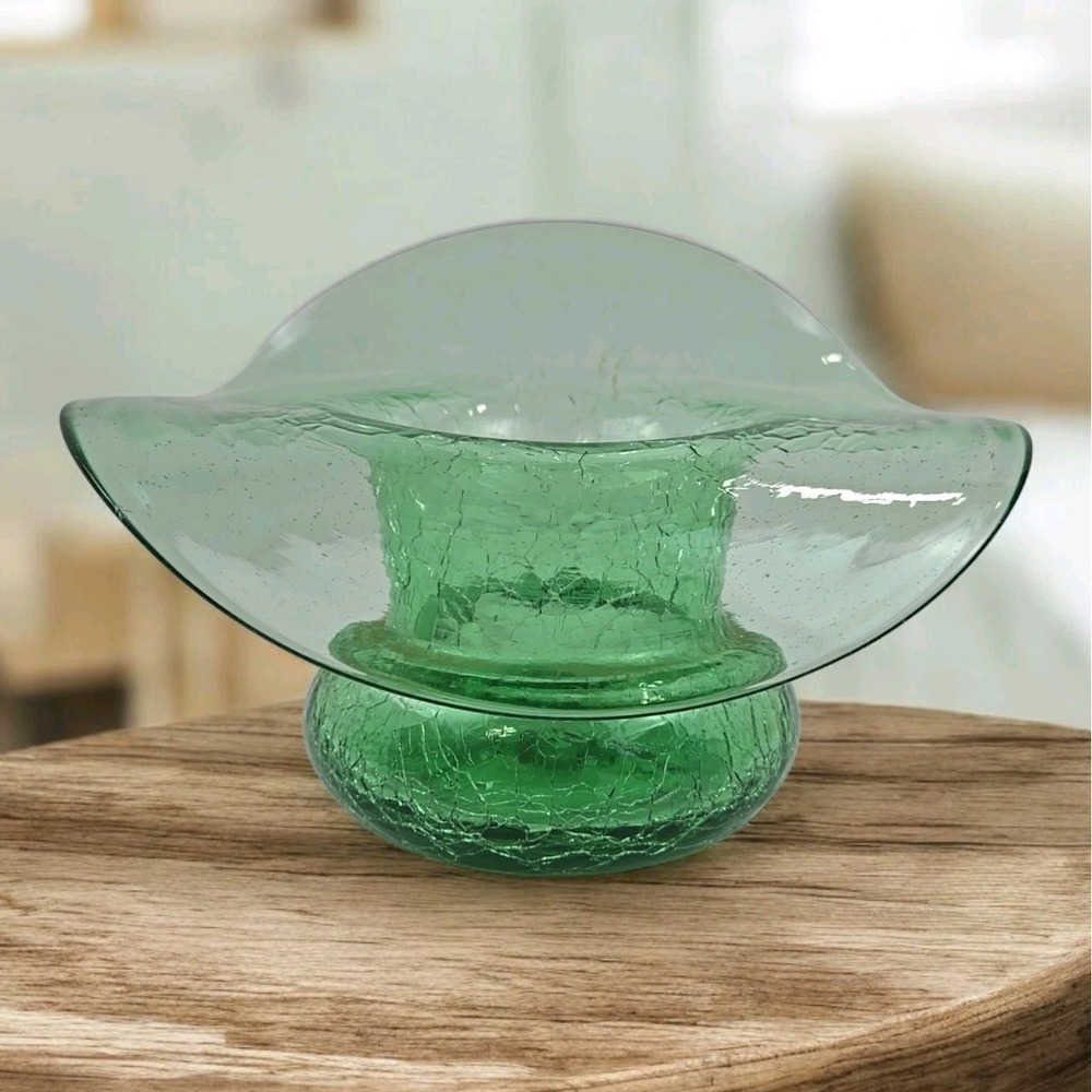 Elegant Blenko? Jack In the Pulpit Green Crackle Blown Art Glass Vase w Pontil